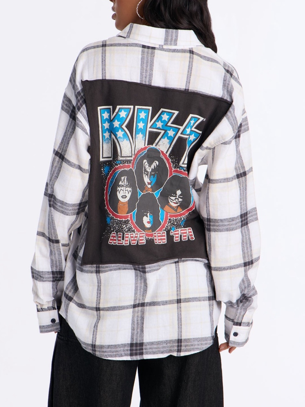 Kiss White & Black Plaid Button-Down Shirt with Band Patch